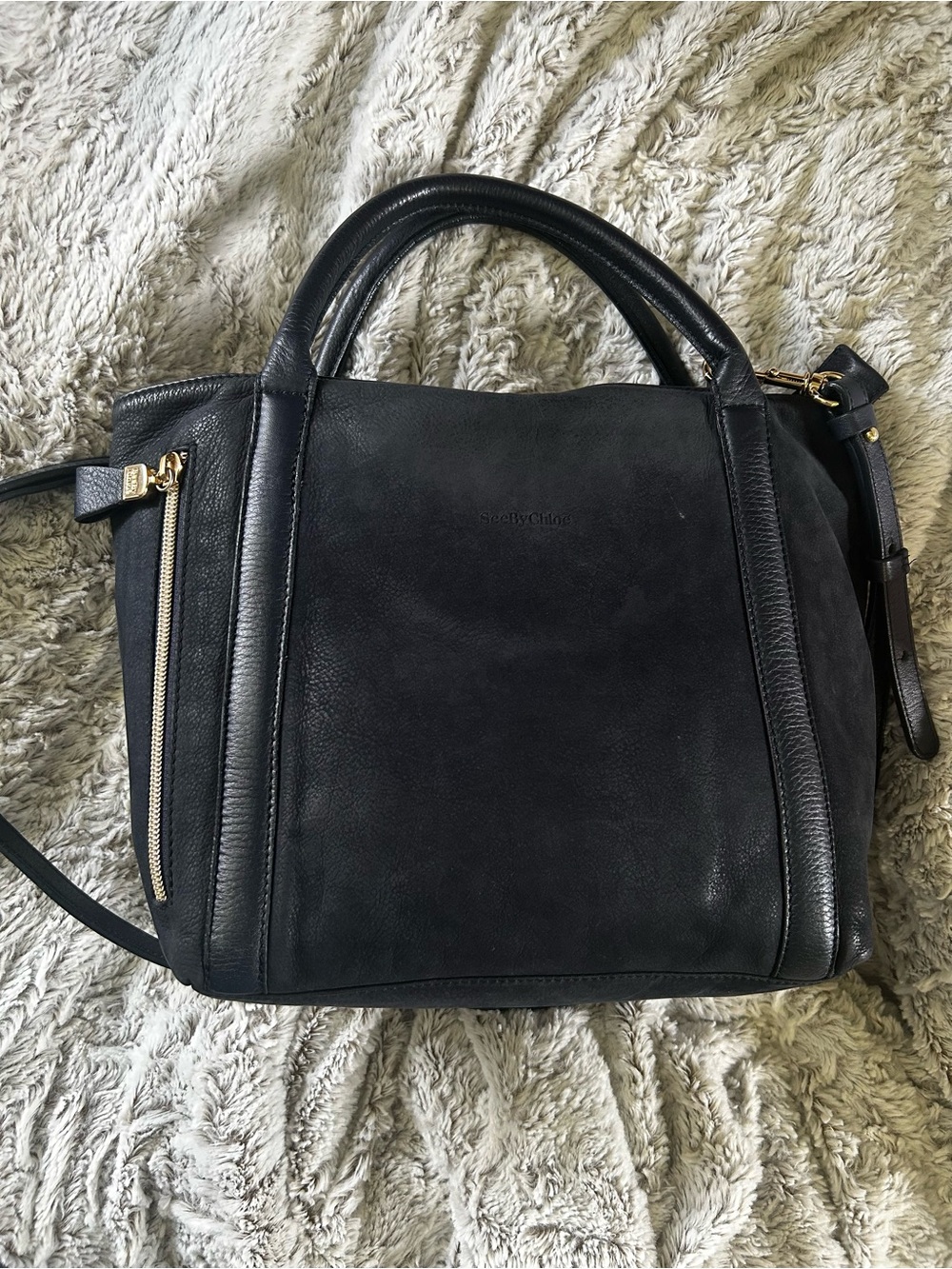 See By Chloé Harriet Leather Trim Tote Bag Midnight Blue, Pony style Calfskin
